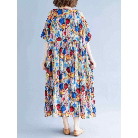 Women Cotton Printed O-neck Casual Maxi Dress