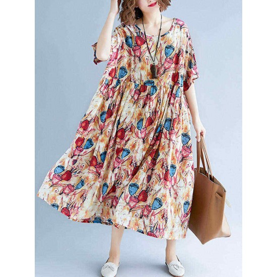 Women Cotton Printed O-neck Casual Maxi Dress