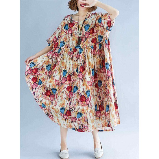 Women Cotton Printed O-neck Casual Maxi Dress