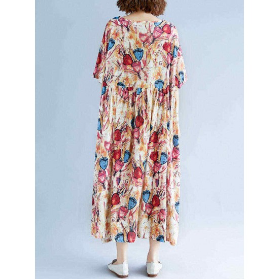 Women Cotton Printed O-neck Casual Maxi Dress