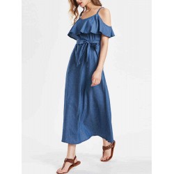 Women Cotton Ruffles Sleeves Open Shoulder Maxi Dress