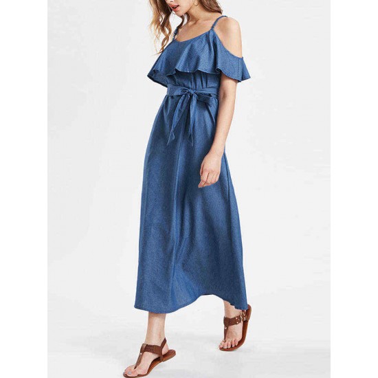 Women Cotton Ruffles Sleeves Open Shoulder Maxi Dress