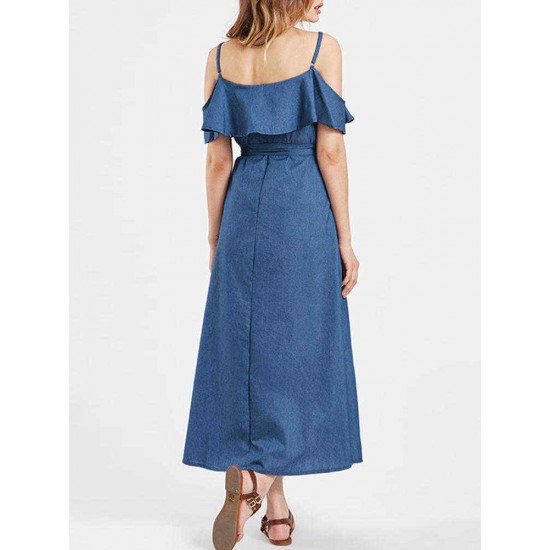 Women Cotton Ruffles Sleeves Open Shoulder Maxi Dress