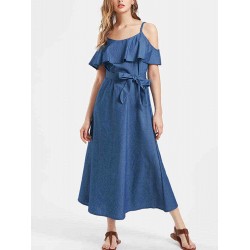 Women Cotton Ruffles Sleeves Open Shoulder Maxi Dress