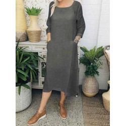 Women Cotton Solid Color 3/4 Sleeve Casual Dress with Pockets