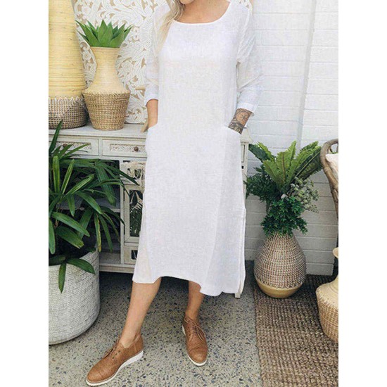 Women Cotton Solid Color 3/4 Sleeve Casual Dress with Pockets