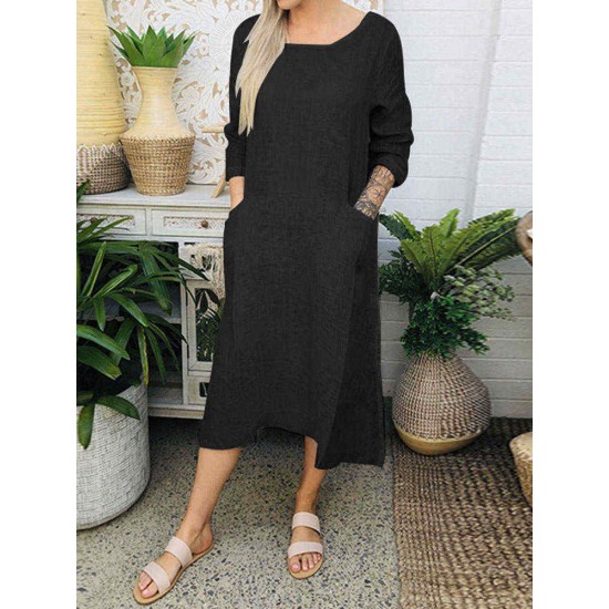 Women Cotton Solid Color 3/4 Sleeve Casual Dress with Pockets