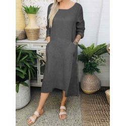 Women Cotton Solid Color 3/4 Sleeve Casual Dress with Pockets