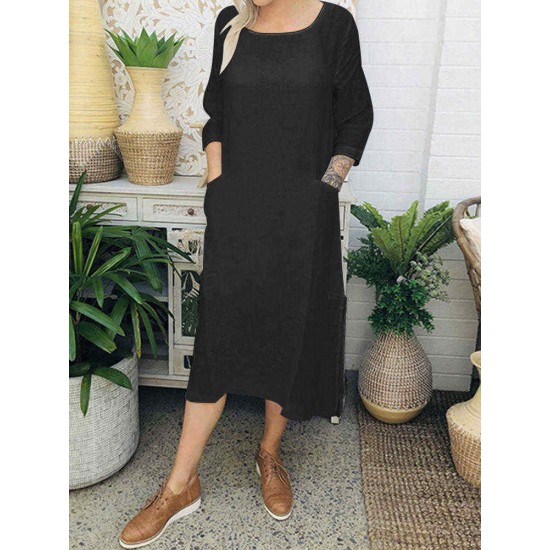 Women Cotton Solid Color 3/4 Sleeve Casual Dress with Pockets