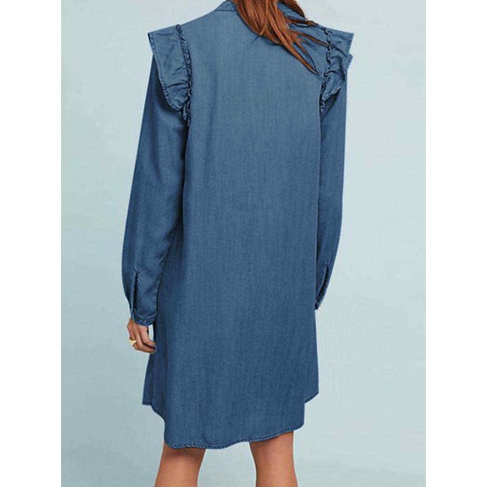 Women Elegant Crew Neck Ruffles Long Sleeve Dress