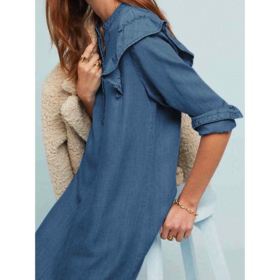 Women Elegant Crew Neck Ruffles Long Sleeve Dress