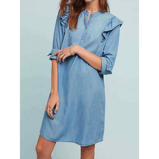 Women Elegant Crew Neck Ruffles Long Sleeve Dress