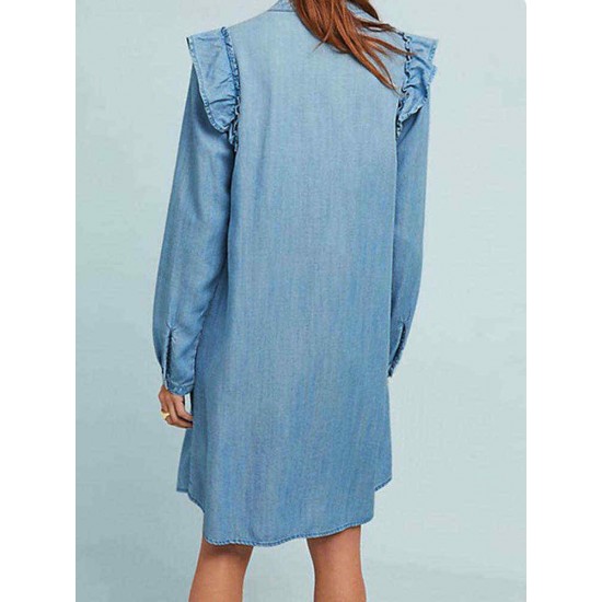 Women Elegant Crew Neck Ruffles Long Sleeve Dress