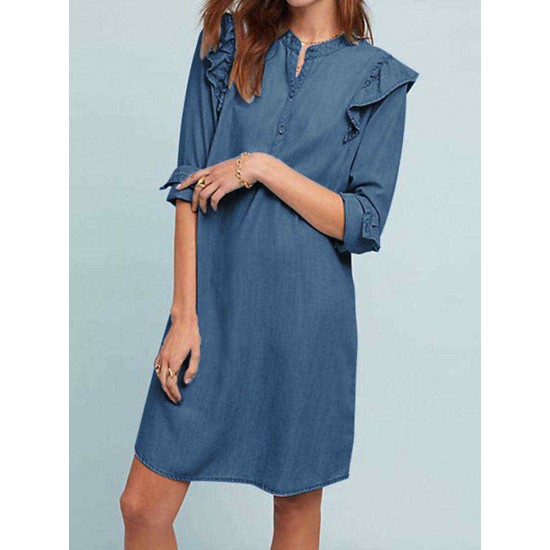 Women Elegant Crew Neck Ruffles Long Sleeve Dress