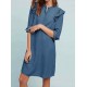 Women Elegant Crew Neck Ruffles Long Sleeve Dress