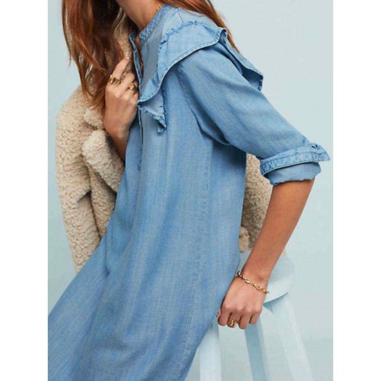 Women Elegant Crew Neck Ruffles Long Sleeve Dress