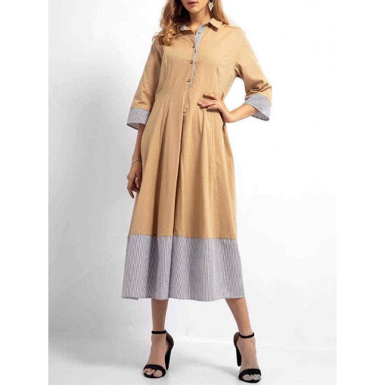 Women Elegant Lapel Stripe Patchwork 3/4 Sleeve Dress