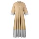 Women Elegant Lapel Stripe Patchwork 3/4 Sleeve Dress