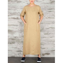 Women Elegant Pure Color Crew Neck Button Back Long Dress