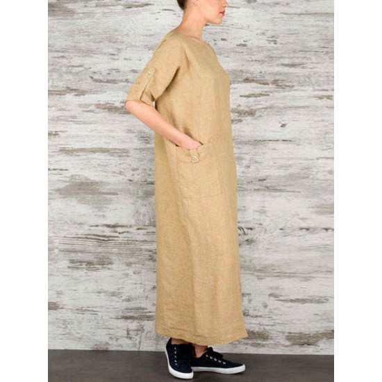 Women Elegant Pure Color Crew Neck Button Back Long Dress