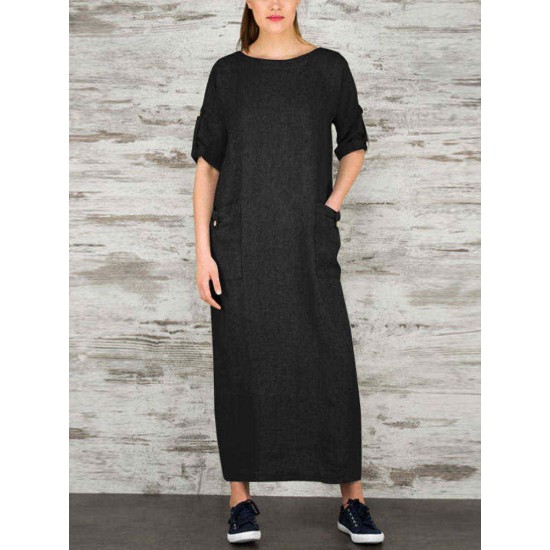 Women Elegant Pure Color Crew Neck Button Back Long Dress