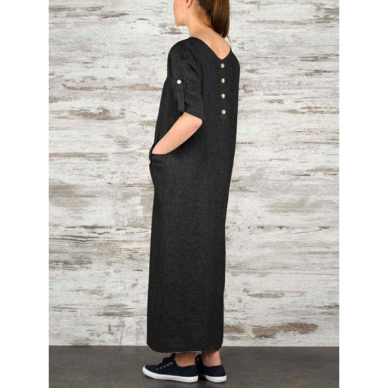 Women Elegant Pure Color Crew Neck Button Back Long Dress