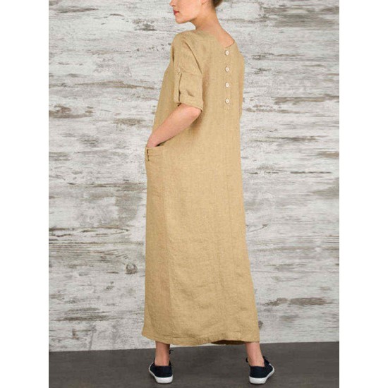 Women Elegant Pure Color Crew Neck Button Back Long Dress