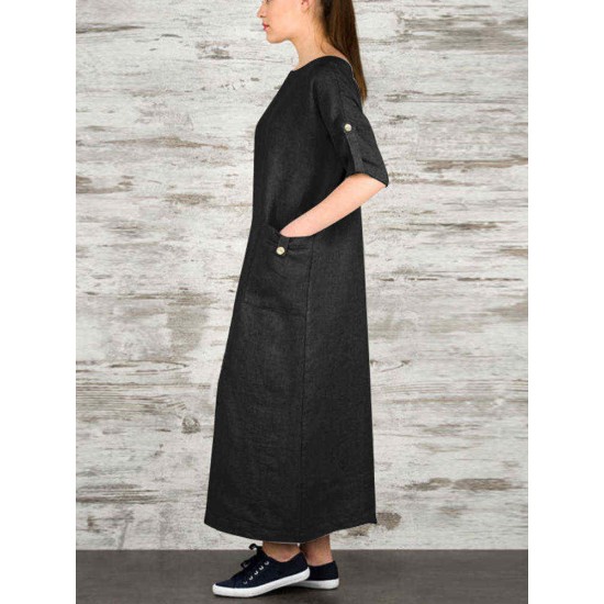 Women Elegant Pure Color Crew Neck Button Back Long Dress