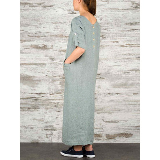 Women Elegant Pure Color Crew Neck Button Back Long Dress