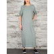 Women Elegant Pure Color Crew Neck Button Back Long Dress