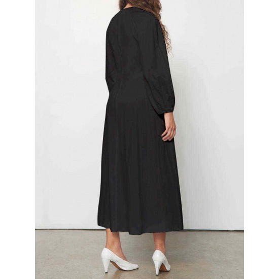 Women Elegant Solid Color V-neck Long Dress with Pockets