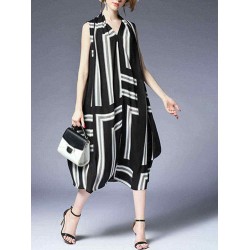 Women Elegant Stripe Sleeveless Dress with Belt