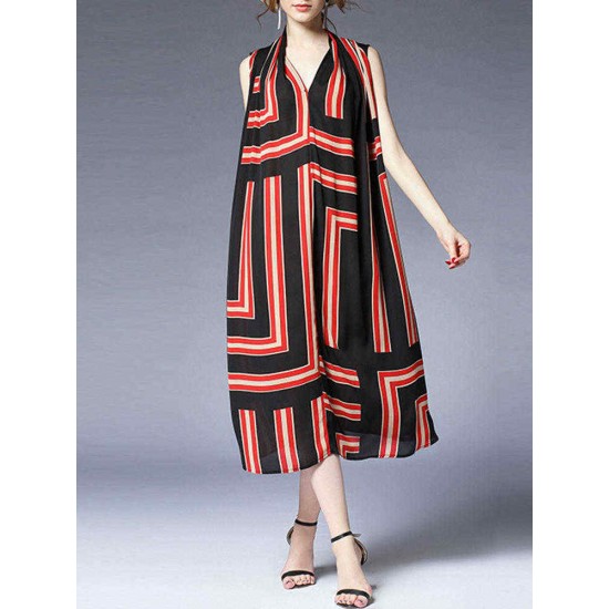 Women Elegant Stripe Sleeveless Dress with Belt