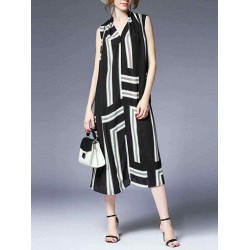 Women Elegant Stripe Sleeveless Dress with Belt