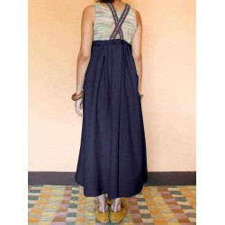 Women Ethnic Back Crossed Straps Cotton Dress with Pockets