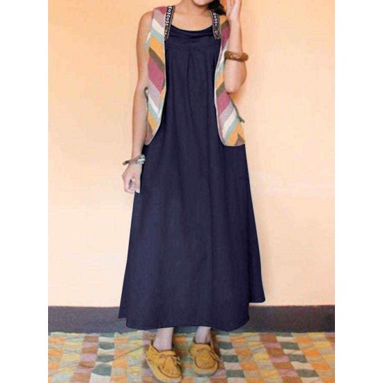 Women Ethnic Back Crossed Straps Cotton Dress with Pockets