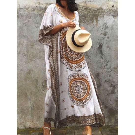 Women Ethnic Print Bohemian Loose Beach Long Dress