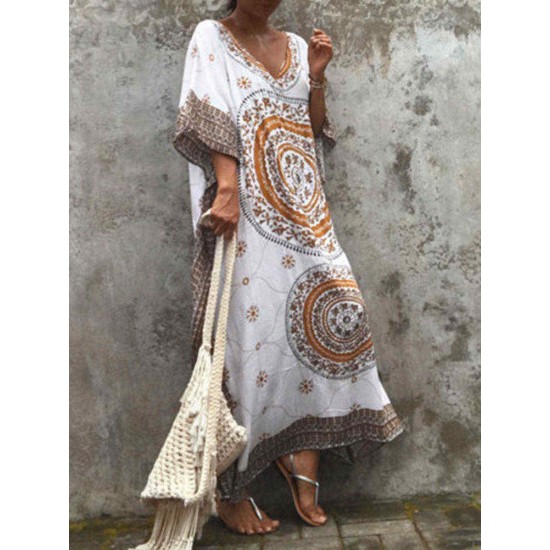 Women Ethnic Print Bohemian Loose Beach Long Dress