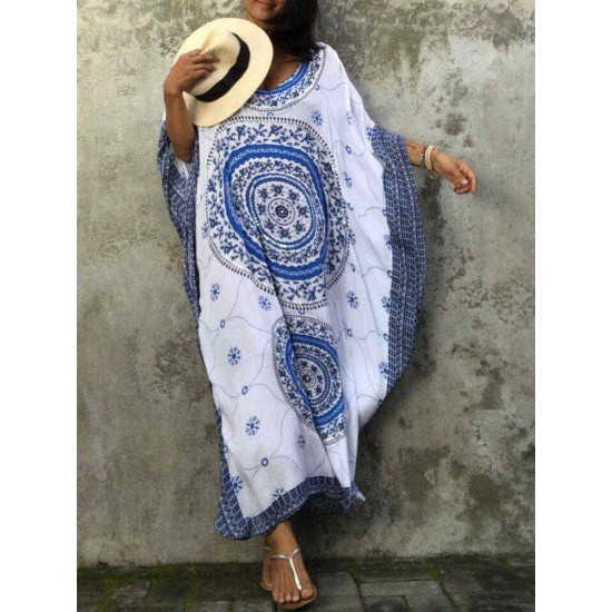 Women Ethnic Print Bohemian Loose Beach Long Dress