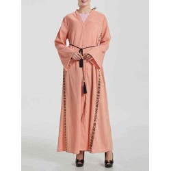 Women Ethnic Style V-neck Long Sleeve Bead Kaftan Dress