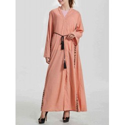 Women Ethnic Style V-neck Long Sleeve Bead Kaftan Dress