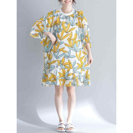 Women Fashion Leaves Print O-neck Half Sleeves Dress