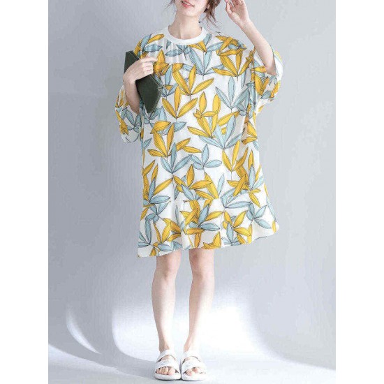 Women Fashion Leaves Print O-neck Half Sleeves Dress