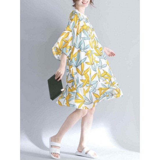 Women Fashion Leaves Print O-neck Half Sleeves Dress