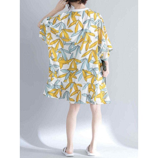 Women Fashion Leaves Print O-neck Half Sleeves Dress