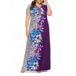 Women Floral Patchwork V-neck Short Sleeve Kaftan Dress