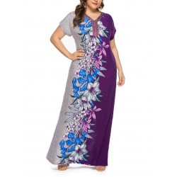 Women Floral Patchwork V-neck Short Sleeve Kaftan Dress