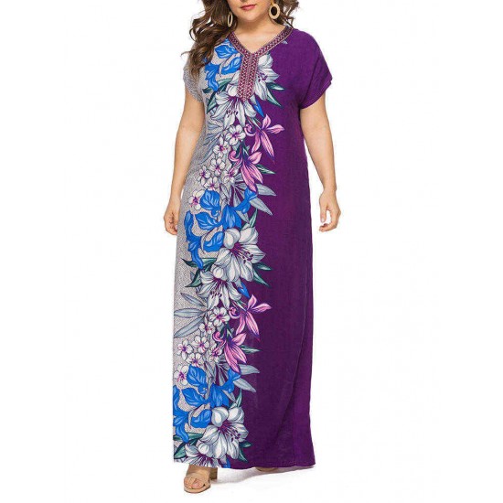 Women Floral Patchwork V-neck Short Sleeve Kaftan Dress