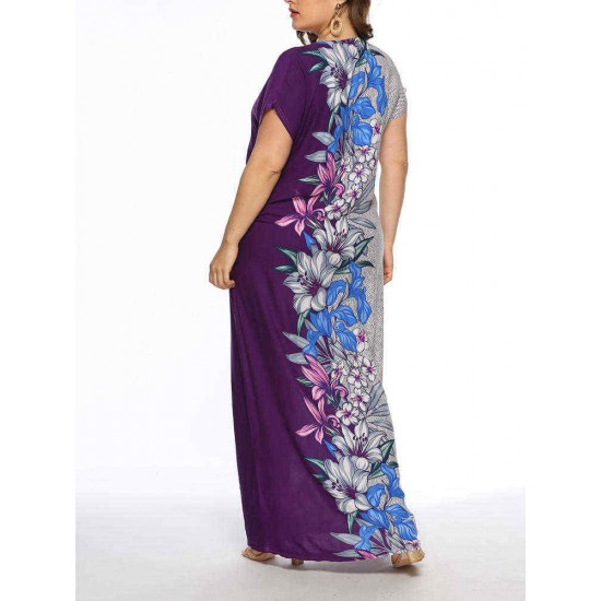 Women Floral Patchwork V-neck Short Sleeve Kaftan Dress