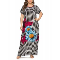 Women Floral Print Plaid O-neck Short Sleeve Maxi Dress